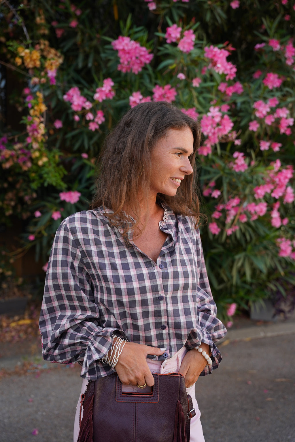 Blouse KIMBER à carreaux grise et rose