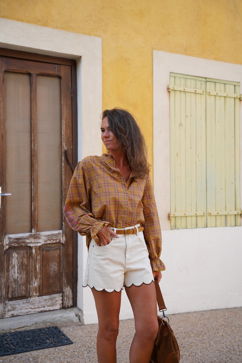 Blouse KIMBER à carreaux camel, marron, orangé