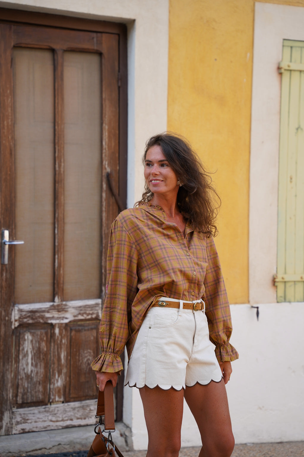 Blouse KIMBER à carreaux camel, marron, orangé