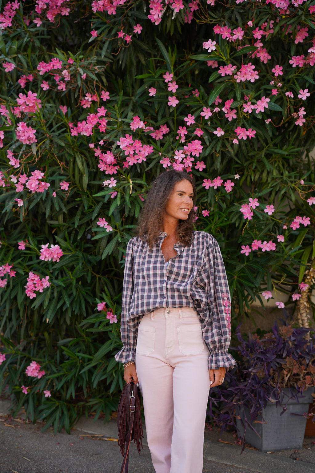 Blouse KIMBER à carreaux grise et rose