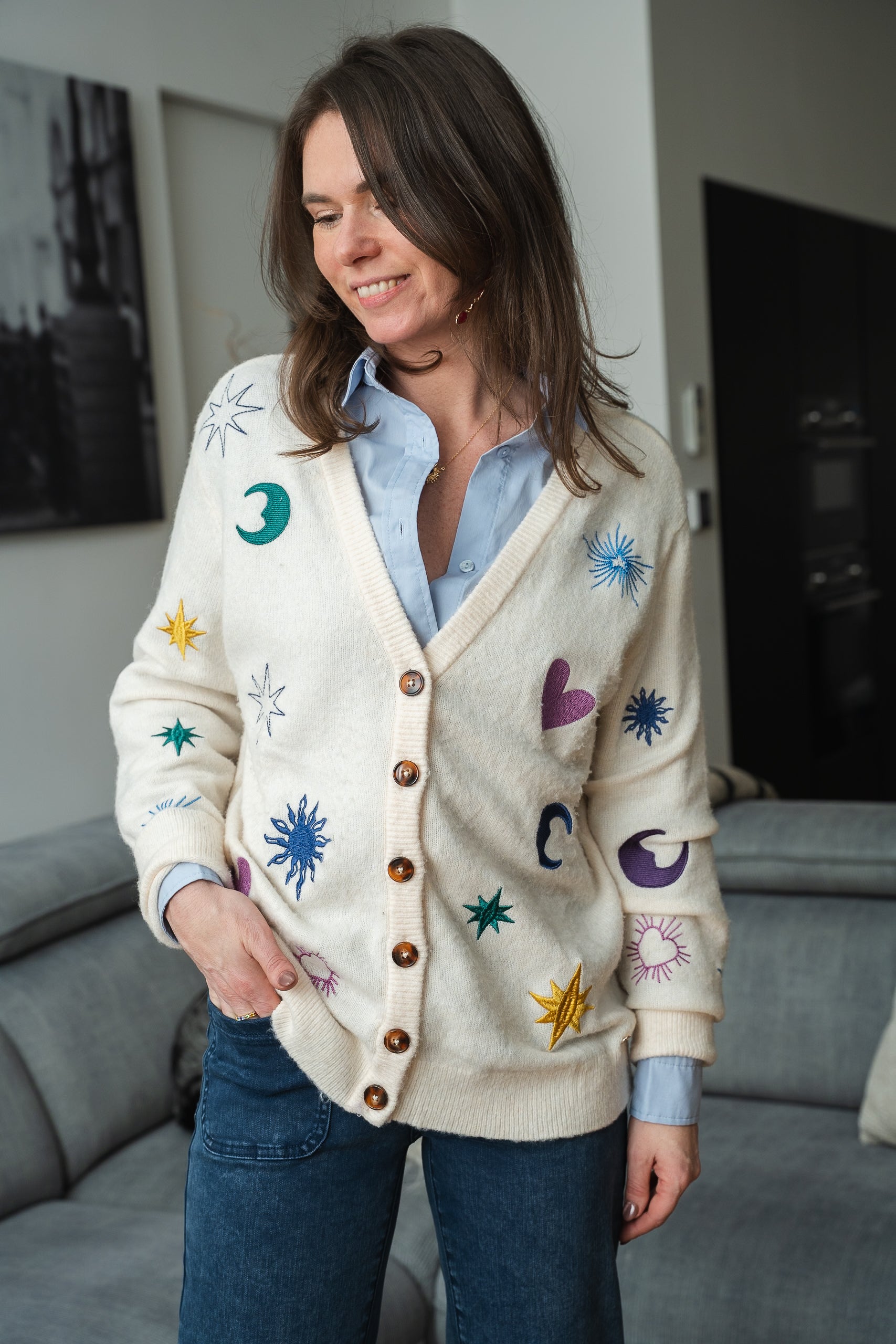 Cardigan MOKA écru brodé