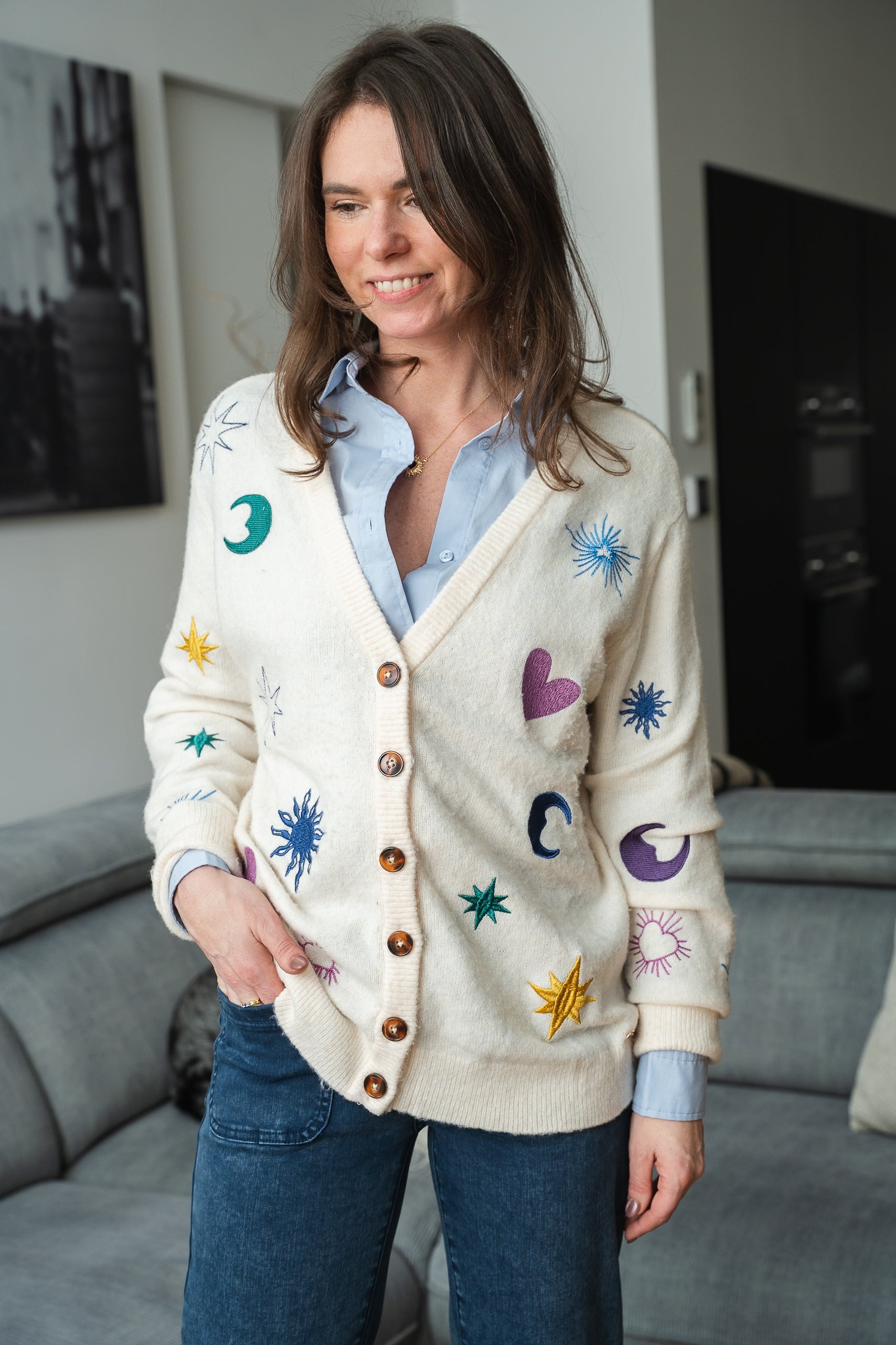 Cardigan MOKA écru brodé